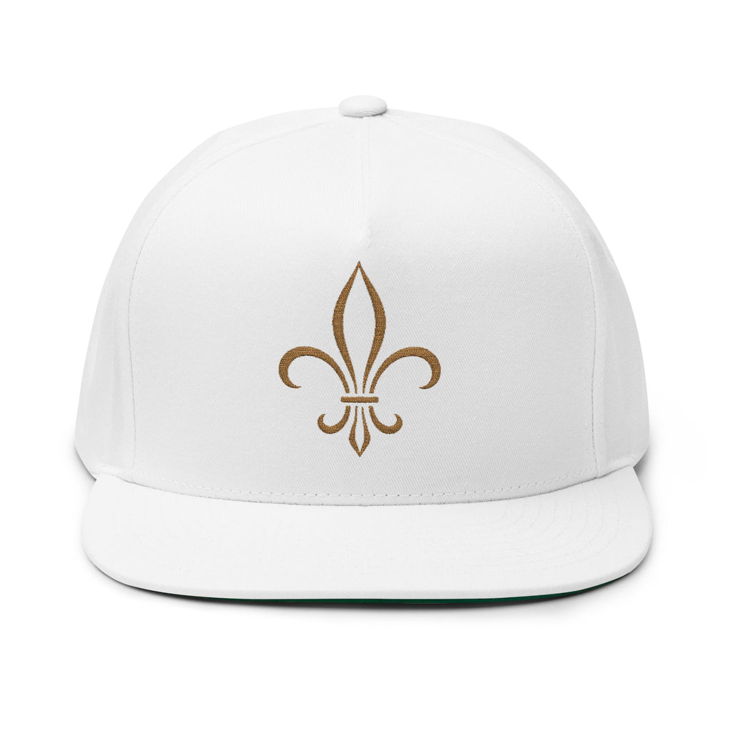 Fleur-de-Lis Embroidered Flat Bill Cap — Classic French Crest Snapback