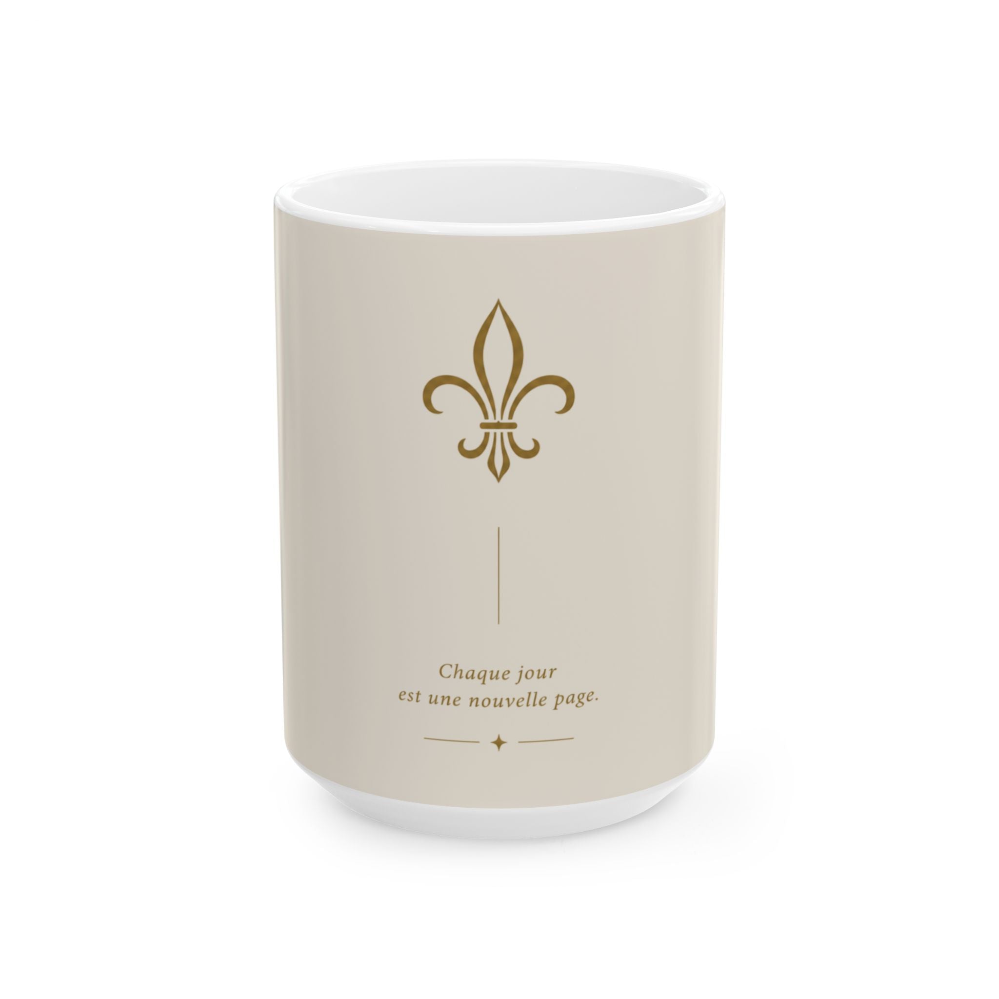 French Fleur-de-Lis Ceramic Mug — "Chaque jour est une nouvelle page" Inspirational Coffee Cup