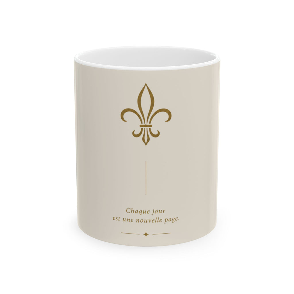 French Fleur-de-Lis Ceramic Mug — "Chaque jour est une nouvelle page" Inspirational Coffee Cup