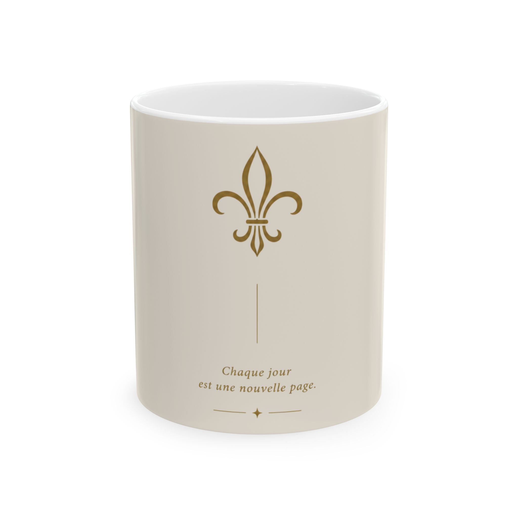 French Fleur-de-Lis Ceramic Mug — "Chaque jour est une nouvelle page" Inspirational Coffee Cup